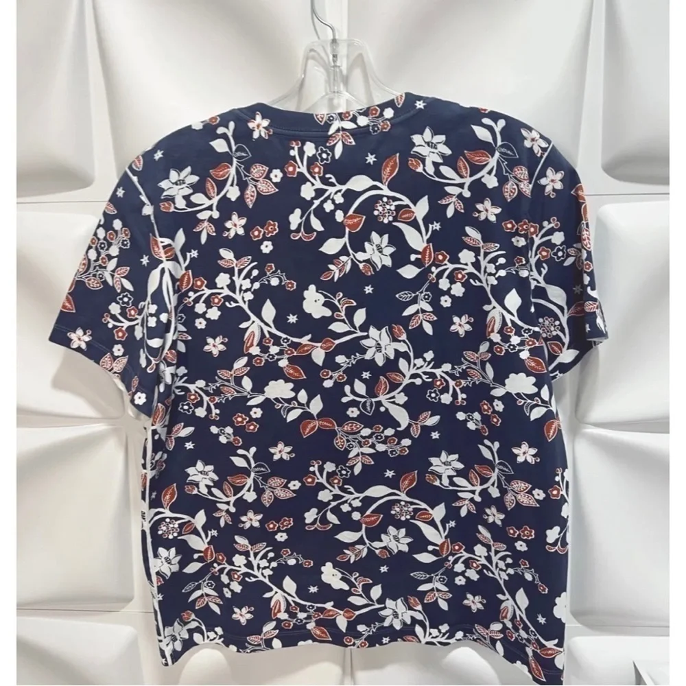 Tory Burch Womens Sz S Blue Floral Print Embroidered Logo Tee T-Shirt Top Blouse